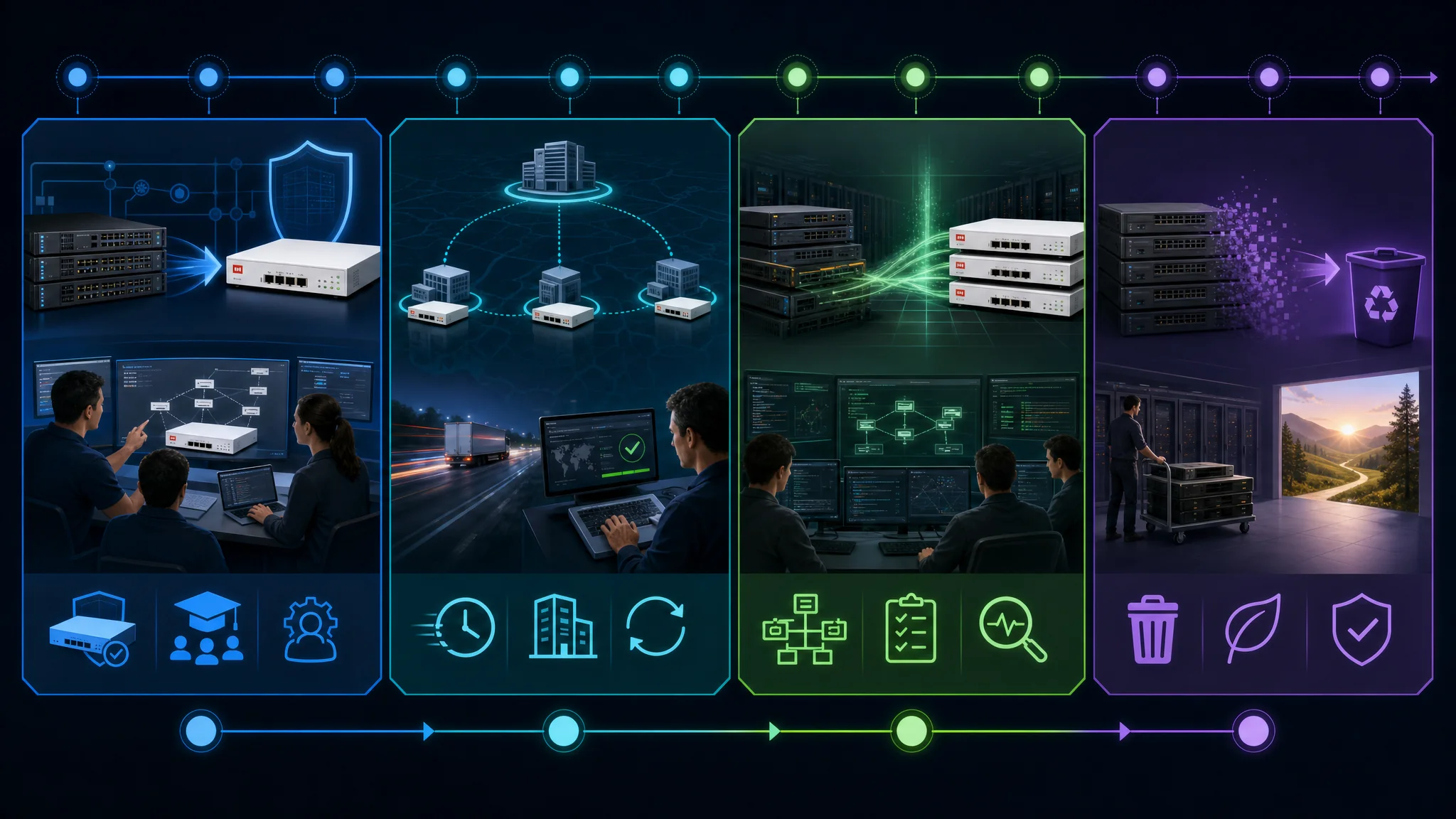 时间线图展示从 Cisco 迁移到 Fortinet 网络安全的 12 个月分阶段迁移,涵盖第 1 至 2 个月的试点部署,第 3 至 6 个月的分支部署,第 7 至 9 个月的数据中心切换,以及第 10 至 12 个月的最终退役