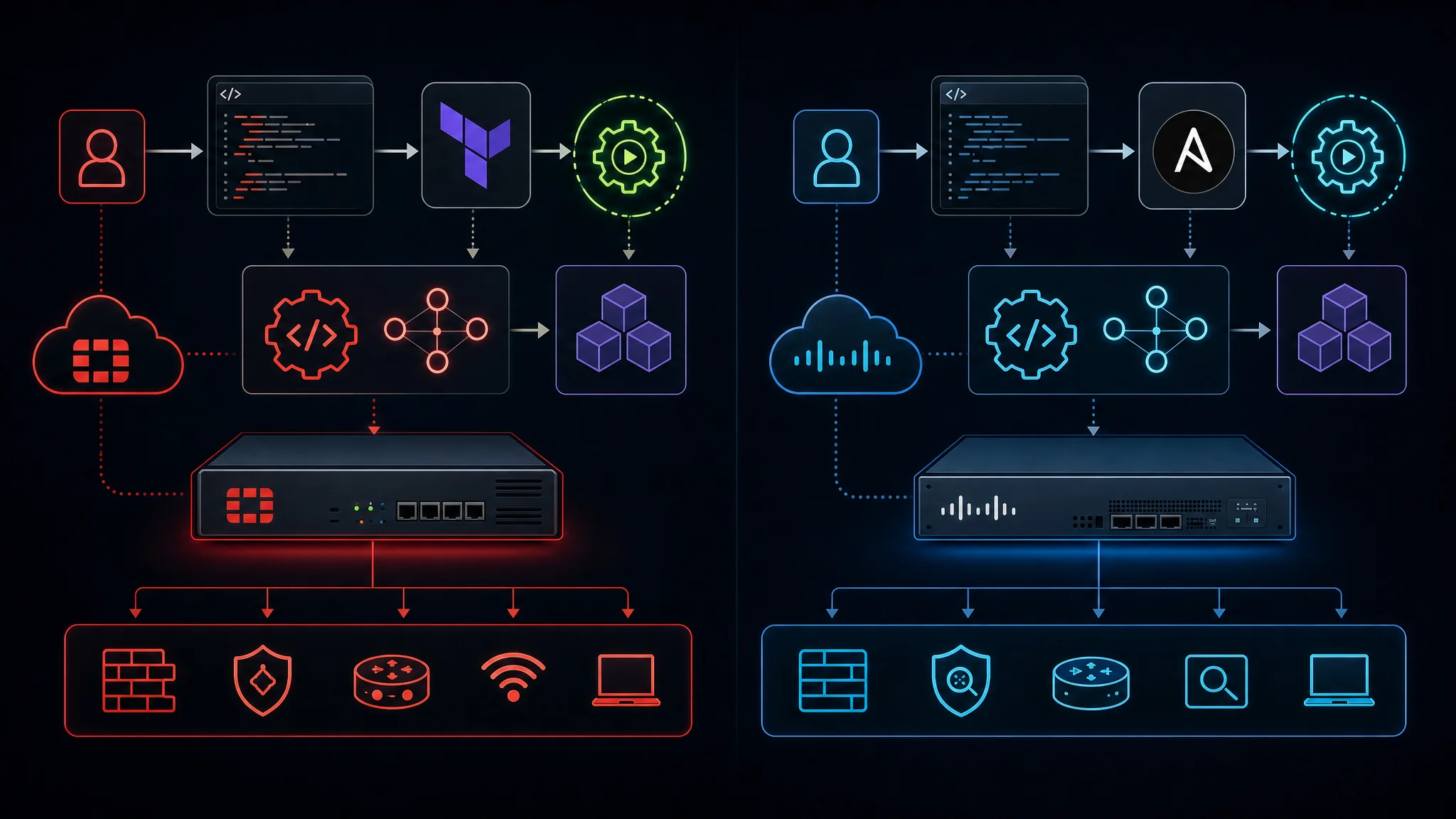 图表对比 FortiGate REST API 和 Terraform 自动化工作流与 Cisco Firepower 管理中心 API 和 Ansible 模块,用于网络安全基础设施即代码