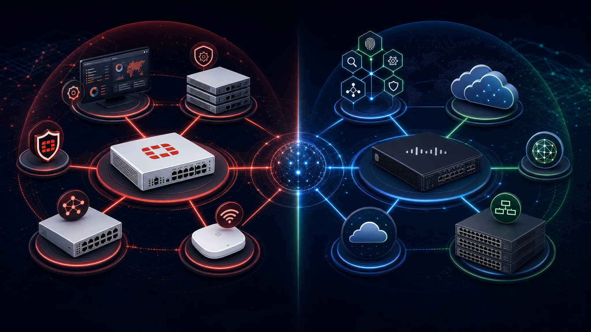 对比图展示 Fortinet 安全架构产品生态系统,包括 FortiGate、FortiSwitch、FortiManager 和 FortiAP,与 Cisco Secure 生态系统包括 Firepower、Catalyst、SecureX 和 Umbrella