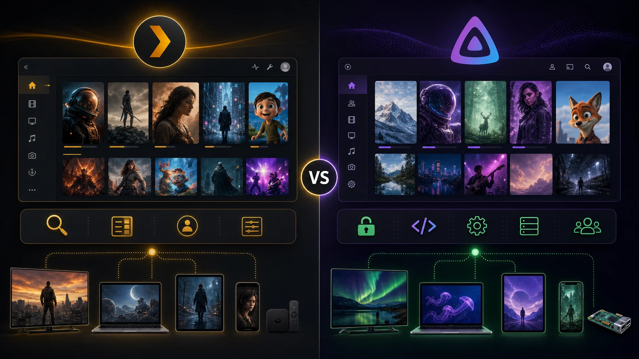 Plex 媒体服务器和 Jellyfin 的并排比较插图,突出显示媒体库组织、流媒体和元数据功能