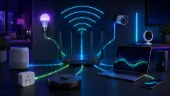 一幅现代家庭网络设置插图,包含流线型路由器、智能 IoT 设备和笔记本电脑,整体置于深色背景上,并带有鲜艳的蓝色、绿色和紫色点缀。