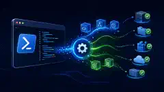 一幅插图，展示了一个风格化的 PowerShell 终端，周围环绕抽象符号，象征配置管理和自动化，背景为深海军蓝色。