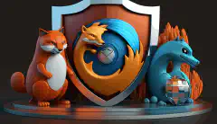 这是一张三维动画图片，上面有三个卡通形状的浏览器图标：Brave、Firefox 和 Tor，周围环绕着一个象征隐私保护的盾牌，上面还有一个挂锁。