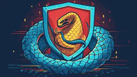 一幅卡通风格的图片，描绘了保护 Python 代码免受网络威胁的盾牌。