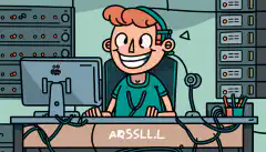 一个卡通人物坐在办公桌前，周围是服务器和线缆，电脑屏幕上显示着 Ansible 的标识，他微笑着完成自动化任务。