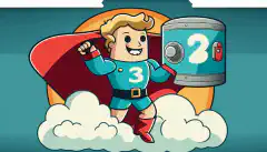 一个披着斗篷的卡通人物拿着一个盾牌，上面写着数字 3，同时站在两个存储箱上面，一个是硬盘，一个是云，并指向一个代表异地存储的地球仪。
