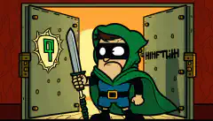 一位戴着斗篷和面具的卡通黑客，站在带有 HTB 标志的金库门前，手持工具（如扳手或螺丝刀），背景为绿色，象征成功，上方对话泡泡中有旗帜他们的头。