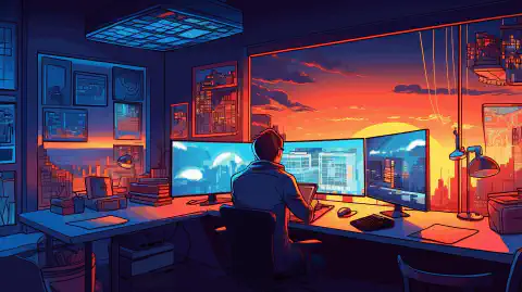 一幅卡通插图，描绘了开发人员在精简高效的环境中使用 Dev Home 和 Dev Drive 工具工作的情景。