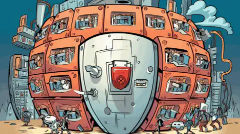 一幅卡通插图，描绘了保护网络服务器免受网络威胁的盾牌。