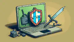 一幅笔记本电脑的卡通插图，上面有一把锁，背景是代表网络安全的盾牌和剑。