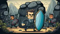 一幅卡通图片：一位商人站在岩石上，手持盾牌保护自己的企业免受网络威胁，身后站着一排提供不同安全服务的第三方供应商。