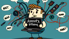 这是一幅卡通图片，人物手持一台笔记本电脑，周围布满了各种计算机硬件组件和网线，思维泡泡中显示了一系列 CompTIA A+ 缩写词和故障排除程序。