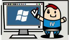 一个卡通形象的人物手持带有 Windows 标志和勾选标记的 USB 设备,站在显示 Windows 标志的电脑屏幕前。