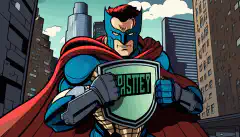 一个身穿超级英雄套装的人手持印有网络安全字样的盾牌的卡通形象，背景是城市景观和电脑屏幕。
