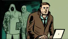 一个人站在电脑或电话前的卡通形象，表情忧郁，而卡通黑客则潜伏在背景中。