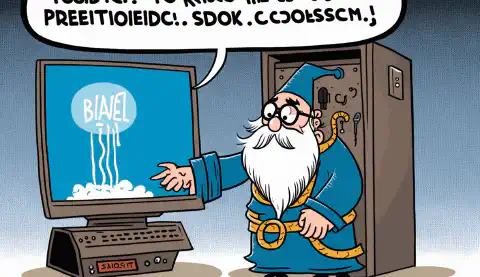 一幅卡通画，画的是巫师施咒修复冻结的计算机，并带有一个对话泡泡，上面写着“问题已解决”