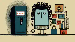 一个卡通人站在电脑前，头顶有一个锁符号，周围漂浮着不同类型的身份验证因素，如钥匙、手机、指纹等