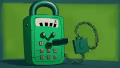 带有绿色屏幕和挂锁的卡通电话，象征着安全和加密，背景中描绘了 DTMF 音调