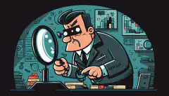 一名卡通安全分析员手持放大镜，在电脑屏幕上寻找隐藏的网络威胁。