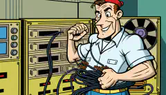 一位卡通技术人员手持 COTS ONT，背景中有一根光缆。