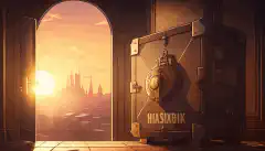 卡通金库门被一把钥匙打开，露出一个宝箱，背景是日落时分的巴黎城市景观。