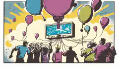 一群人利用氦气球的卡通形象，背景是 LoRaWAN 网关和 MiddleMan 或 Chirp 堆栈数据包多路复用器的图像。