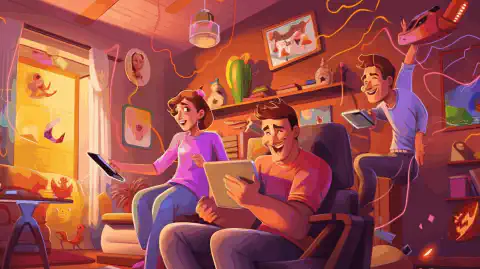 一幅色彩缤纷的卡通插图，描绘了一个幸福的家庭，周围是连接到 T-Mobile 家庭互联网的各种设备。