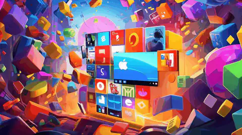 一幅色彩丰富的插图，描绘了一个 Windows 徽标，周围环绕着代表简化的包管理和更新的各种软件图标。