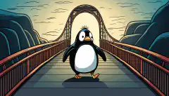 一只友好的卡通 Linux 企鹅自信地走过一座桥，走向成功的未来。
