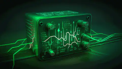 一块绿色的电路板，形状像一个盒子，上面有互联网连接符号，就像连接到它的电线一样。