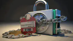 一把带链条的锁缠绕在信用评分报告上，象征着冻结信用可提供保护和安全，防止身份盗窃和欺诈行为