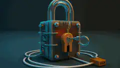 挂锁和钥匙矗立在网线上，象征着零信任安全。
