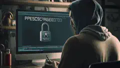 一个人在电脑屏幕前拿着一把挂锁，屏幕上显示着 受保护 的信息。