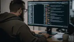 一个人坐在电脑前，在命令行界面上输入代码，屏幕上滚动着一行行文字。 