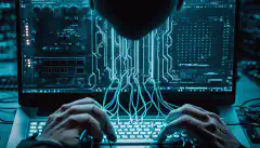 一个人在键盘上打字，背景是计算机服务器和网线，代表使用 PowerShell 进行网络安全操作和合规。