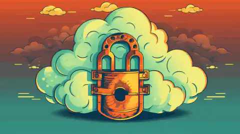 这是一幅象征艺术风格的插图，描绘了一朵带锁的云，象征着安全的云解决方案。