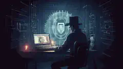 一幅象征性的图片，描绘了一个头戴黑帽子的黑客在电脑上打字，背景是一个带锁的盾牌保护着网络。