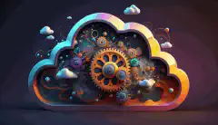 一个充满活力的三维动画插图，展示了一个内部带有齿轮的云，代表了一个混合云环境，展示了云基础设施的高效和自动化管理。