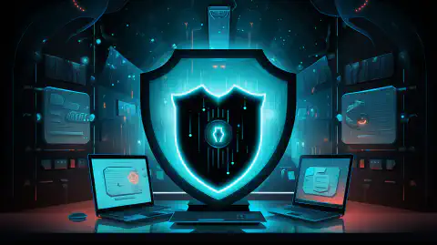 一幅动画插图，描绘了保护计算机系统免受各种网络威胁的防护罩。