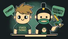 一张动画图片,展示两个角色,一个穿着HackTheBox Academy的衬衫,另一个穿着TryHackMe的衬衫,每个角色头上都有一个包含其平台相关符号的思考气泡,两人站在一个平衡的跷跷板上。