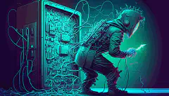 一幅黑客试图入侵受 RSA 加密保护的计算机系统的动画图片，但由于量子计算机在后台几秒钟内就解决了加密问题，黑客最终失败。