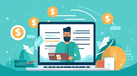 插图显示一个人拿着一台笔记本电脑，屏幕上有一个金钱符号，代表通过互联网分享和完成 PawnsApp 调查来赚取被动收入。
