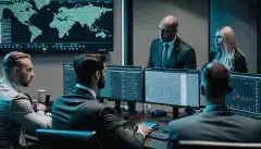 一组网络安全专业人员在会议室里齐心协力确保组织系统和数据安全的画面。