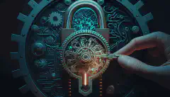 这是一个带有齿轮的锁的图像，象征着人工智能在网络安全中的应用，而人手则拿着一把钥匙，象征着人类的监督。