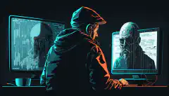 屏幕上显示的是一个人坐在电脑前表情忧虑的图像，而黑客或网络罪犯则显示在屏幕上，代表网络威胁的危险和网络安全的重要性