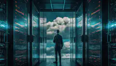 一幅服务器机房的图片，一边是服务器机架，另一边是云，一个人站在中间看着它们。