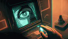 一幅动画插图，显示一个人的手使用指纹扫描仪进入安全区域，背景中还可以看到一个人的脸部和虹膜。