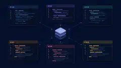 六个抽象终端窗口在深色背景的平衡网格中围绕一个仓库符号