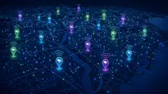 交互式地图显示彩色标记,指示 Flock Safety ALPR 摄像头的位置,抽象的 WiFi 信号从标记处向外辐射,背景为深色。