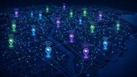 交互式地图显示彩色标记,指示 Flock Safety ALPR 摄像头的位置,抽象的 WiFi 信号从标记处向外辐射,背景为深色。